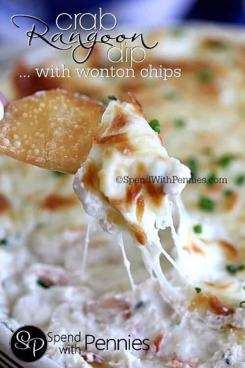 close up of Easy Crab Rangoon Dip on a wonton chip