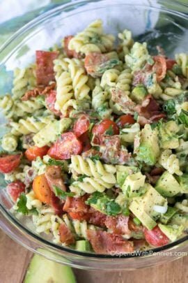 Avocado Pasta Salad in glass bowl