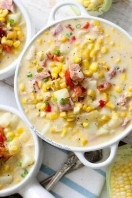 Overhead shot of Ham and Corn Chowder in a white pot