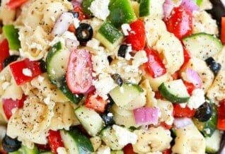 Overhead shot of Greek Tortellini Salad