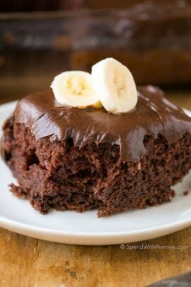 Chocolate Banana Cake on a plate topped with bananas