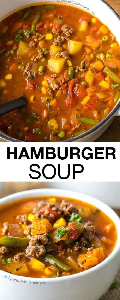 Easy Hamburger Soup in a bowl and in a pot with writing