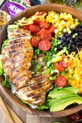 Overhead shot of Southwest Salad in a wooden bowl