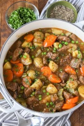 Overhead shot of Homemade Beef Stew in big pot