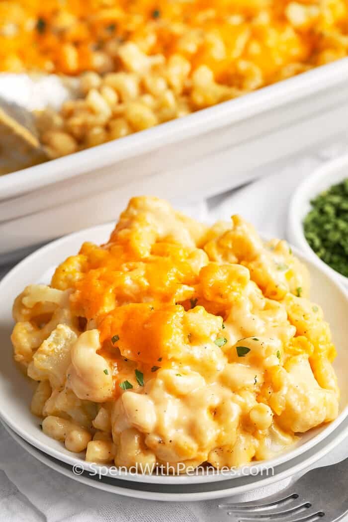 cauliflower mac and cheese on a plate