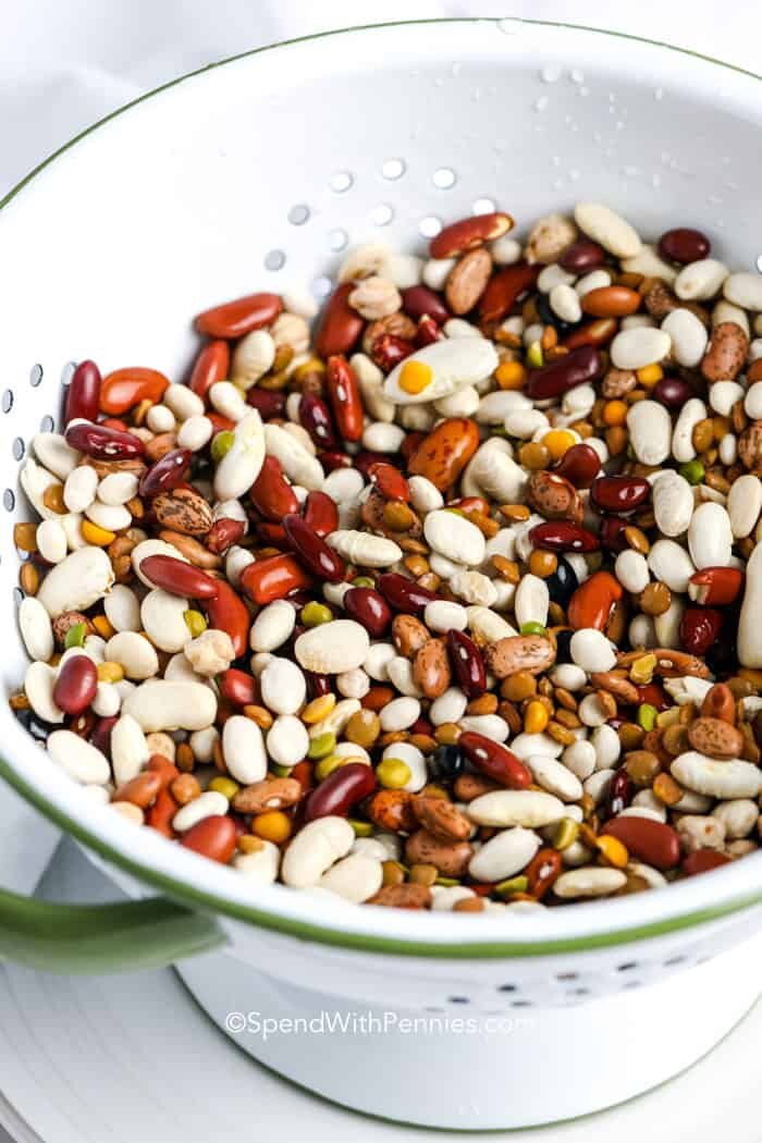 Close up of dried beans in a colander.