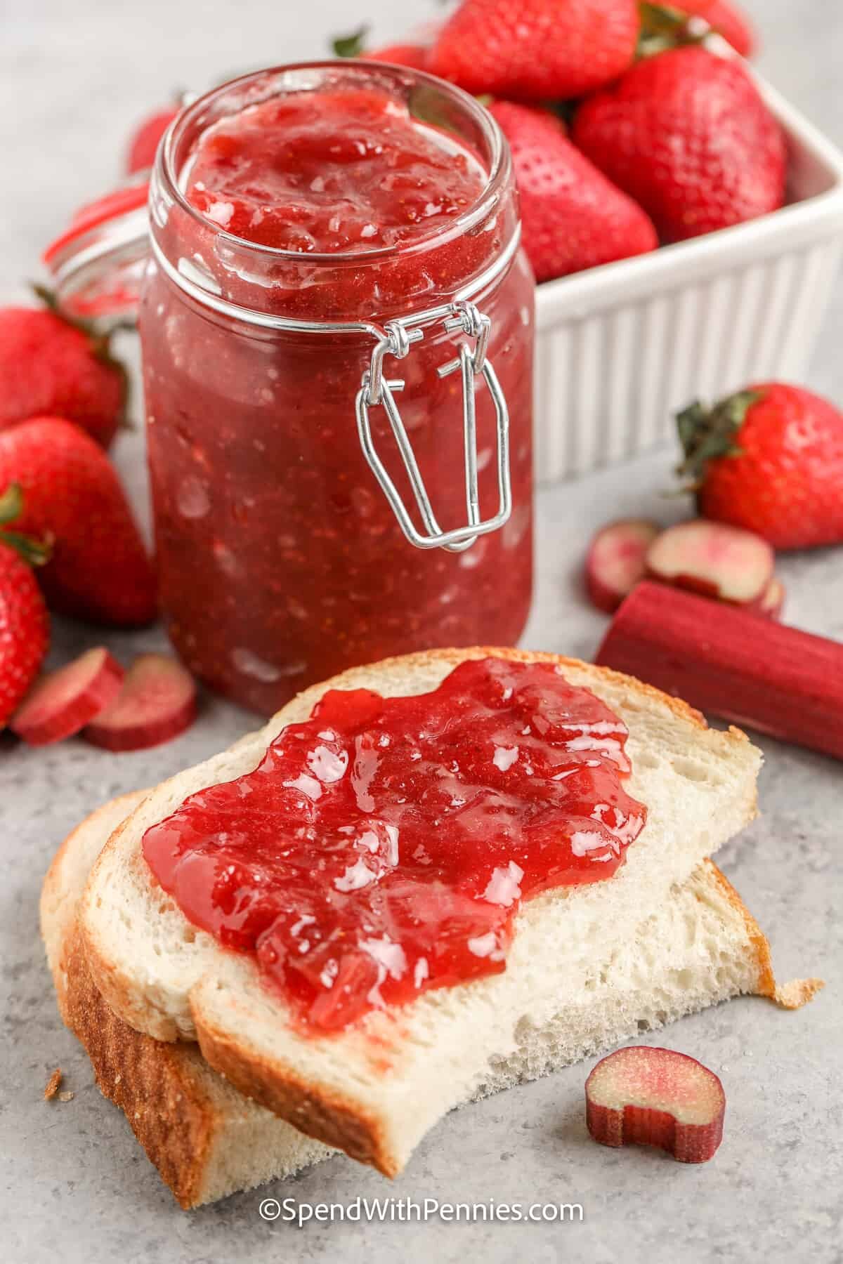 strawberry rhubarb jam spread on bread