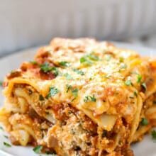 baked Easy Homemade Lasagna slice on a plate