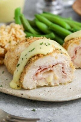 plated chicken cordon bleu with sauce