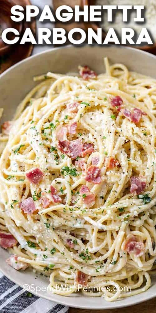 plated Spaghetti Carbonara with a title