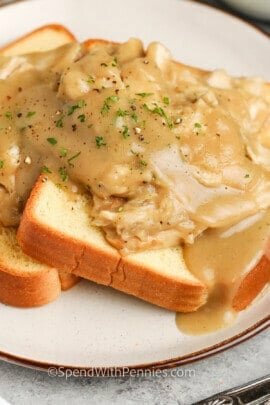 hot turkey sandwich on a plate with parsley and pepper on top