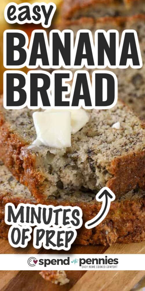 Easy Banana Bread with a bite taken out of a slice with a title