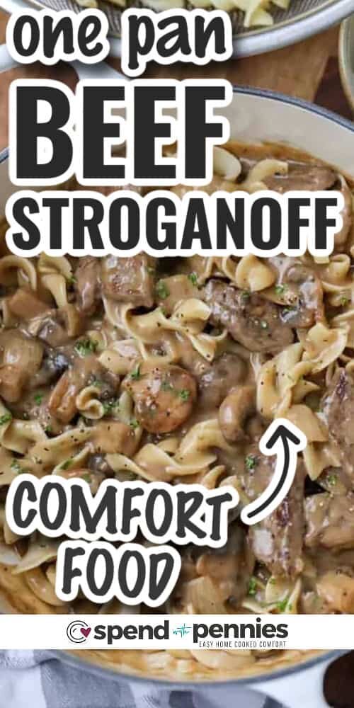 comforting Beef Stroganoff in the pot with writing