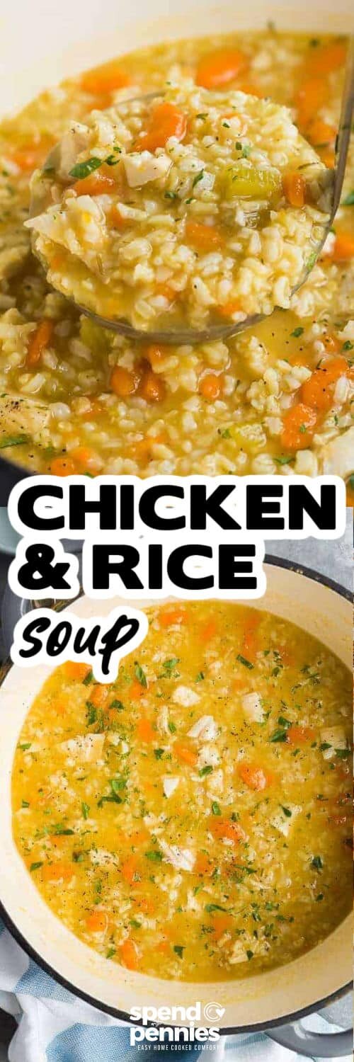 Chicken Rice Soup in a pot and in a ladle with a title