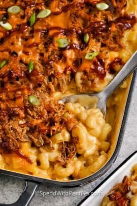 taking a spoonful of Pulled Pork Mac and Cheese