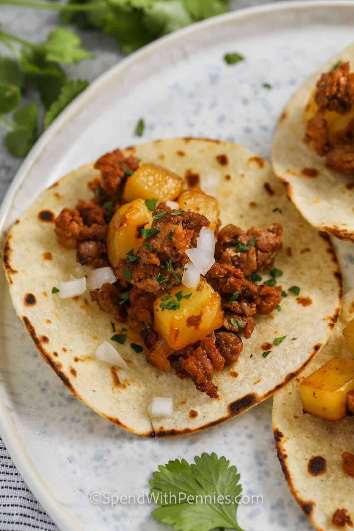 close up of easy Chorizo Tacos on a plate