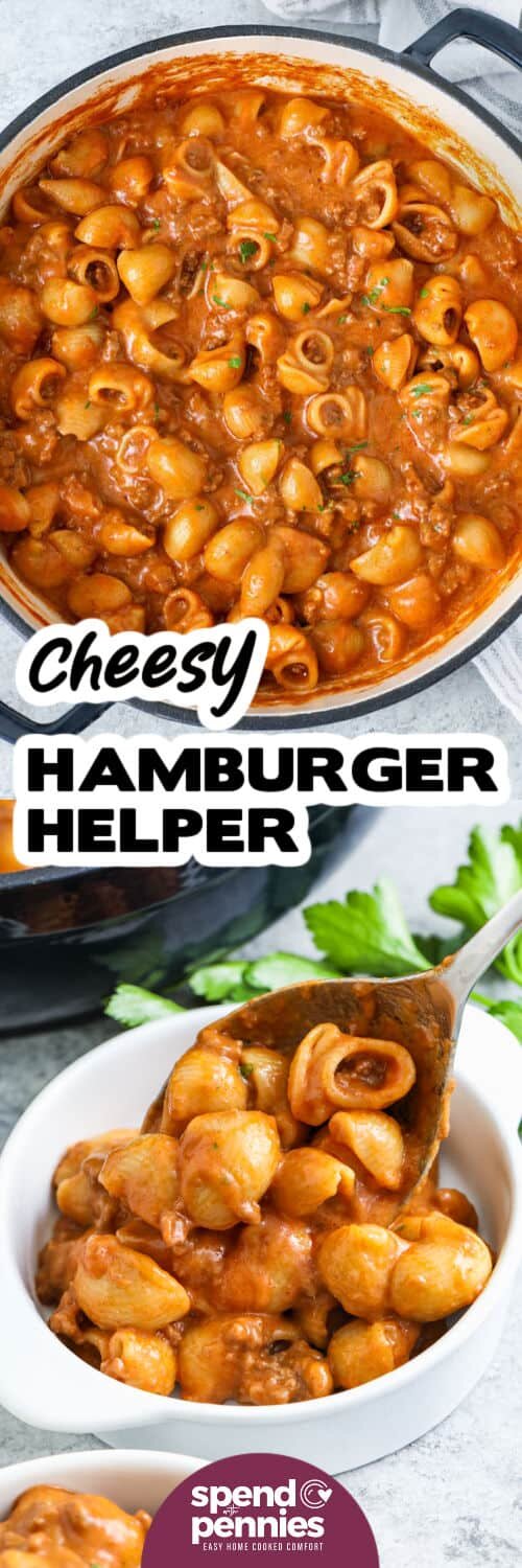 Hamburger Helper in the pot and in a bowl with a title