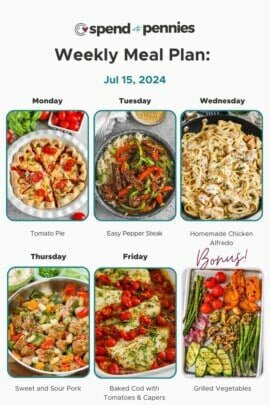 A menu showing the recipes for weekly plan for July 15