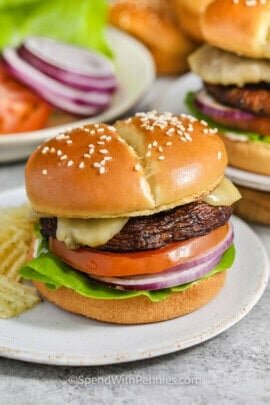 plated Portobello Mushroom Burger with chips