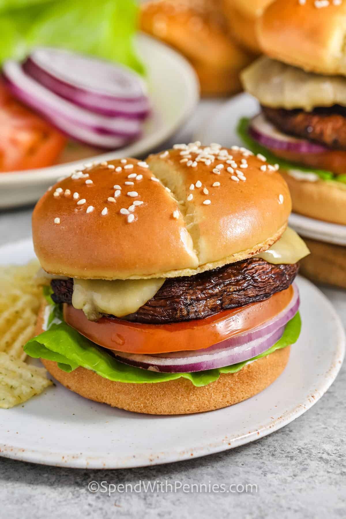 plated Portobello Mushroom Burger with chips