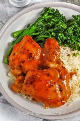 close up of Apricot Chicken on a plate with rice