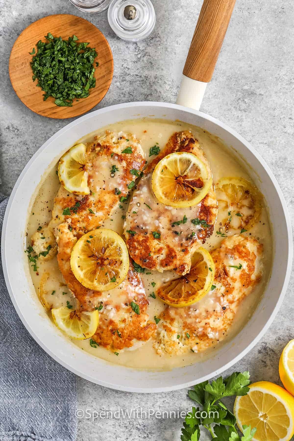 cooked Chicken Francese in a pan